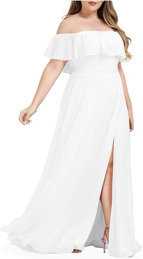 Ever-Pretty Women's Plus Size Off Shoulder Ruffle Sleeves Side Split Chiffon Floor Length Formal ... | Amazon (US)