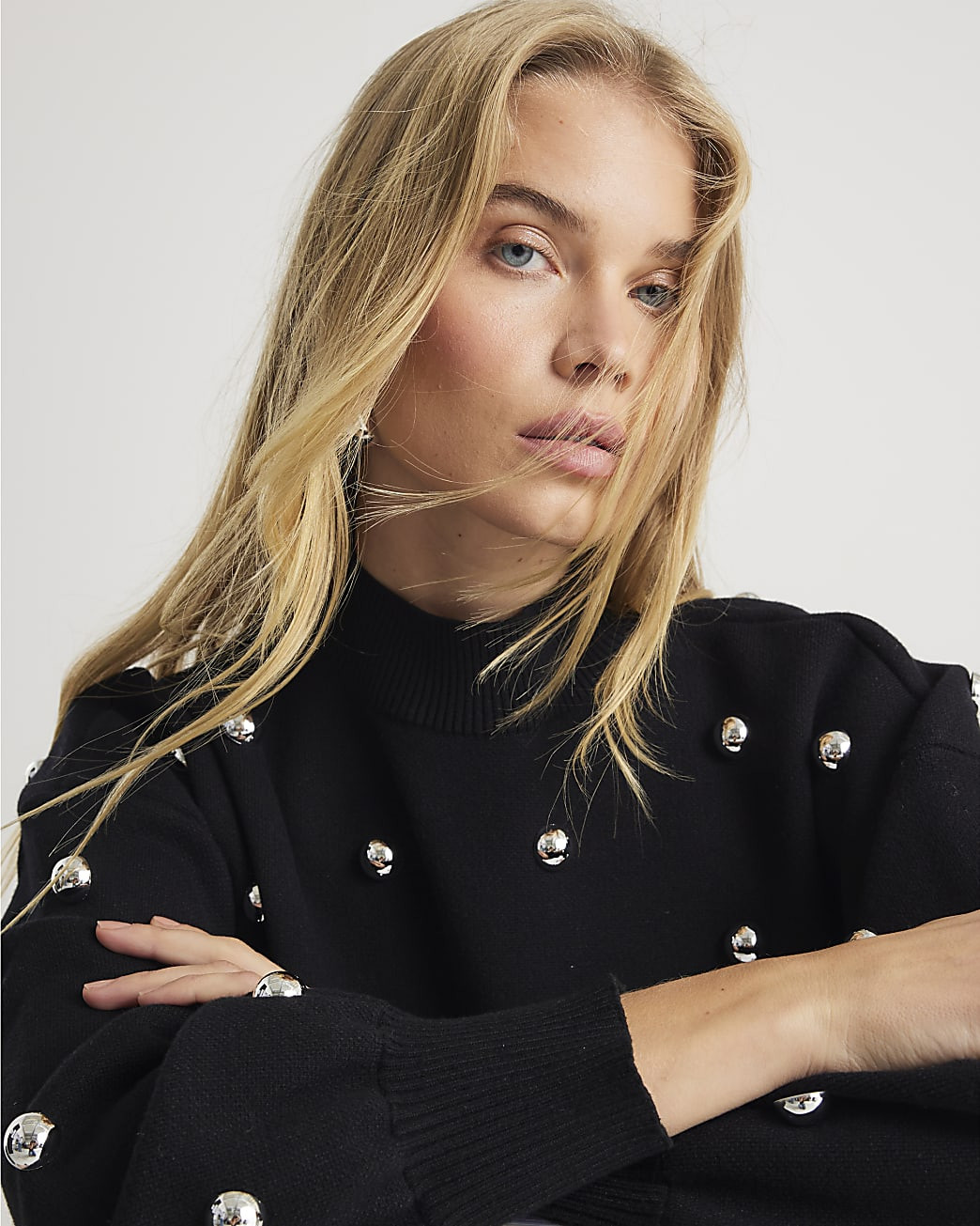 Black Stud Embellished High Neck Jumper | River Island UK & IE