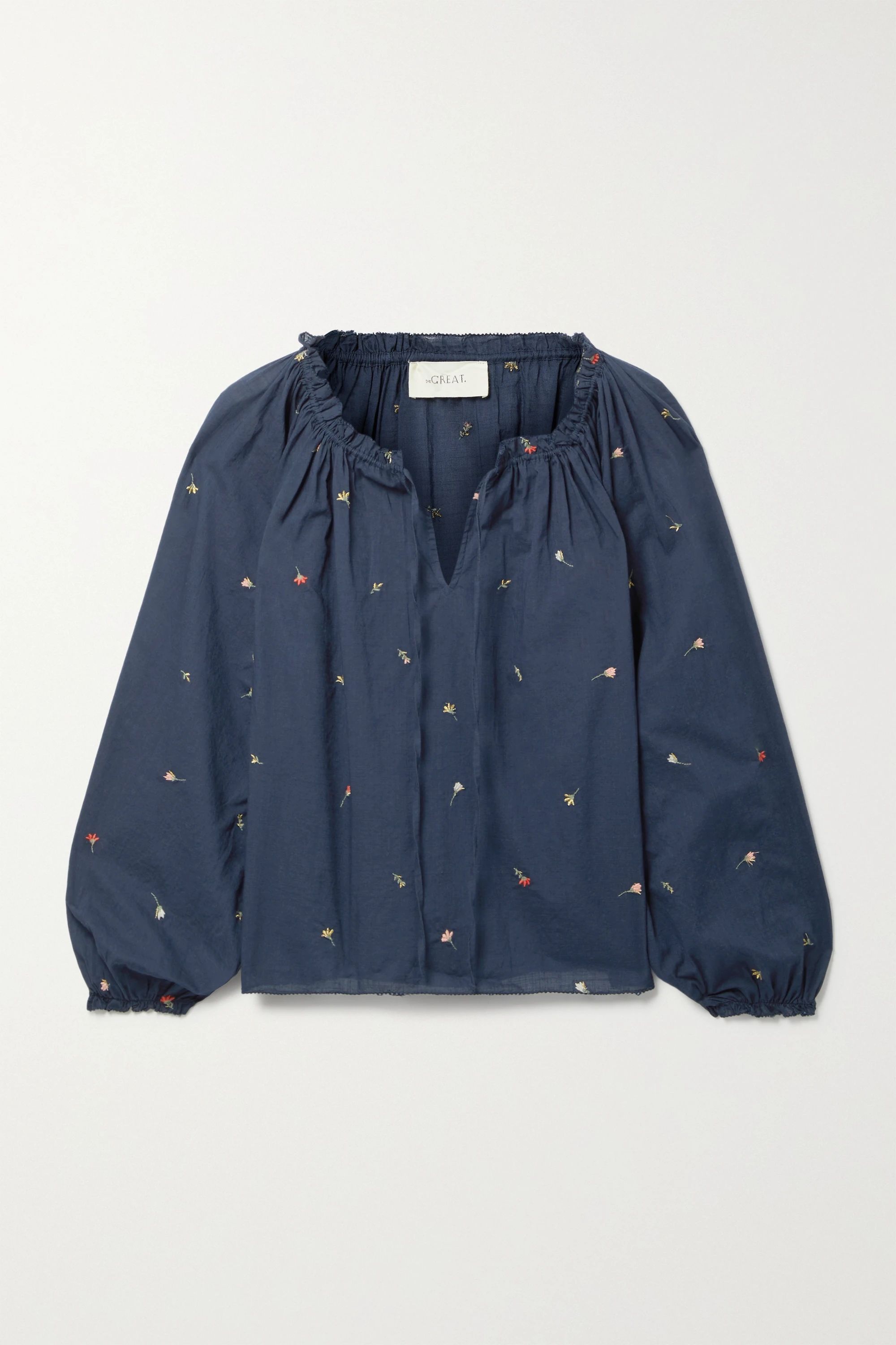 Midnight blue The Posey gathered embroidered cotton-voile blouse | The Great | NET-A-PORTER | NET-A-PORTER (US)