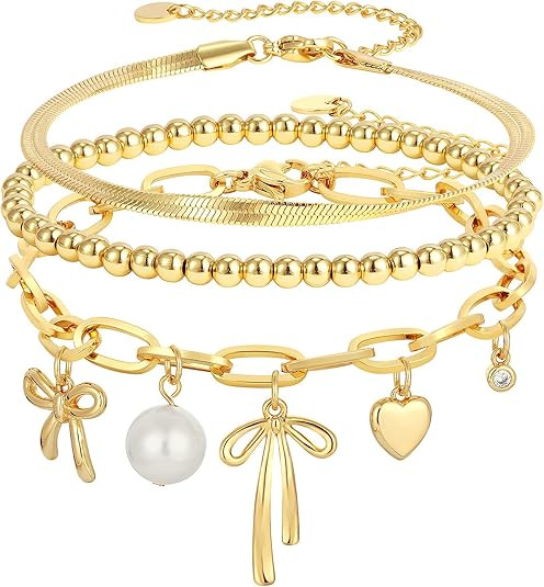 3PCS Charm Gold Bracelets for Women Non Tarnish,14k Plated Gold Bracelet Stack Cute Dainty Stacka... | Amazon (US)