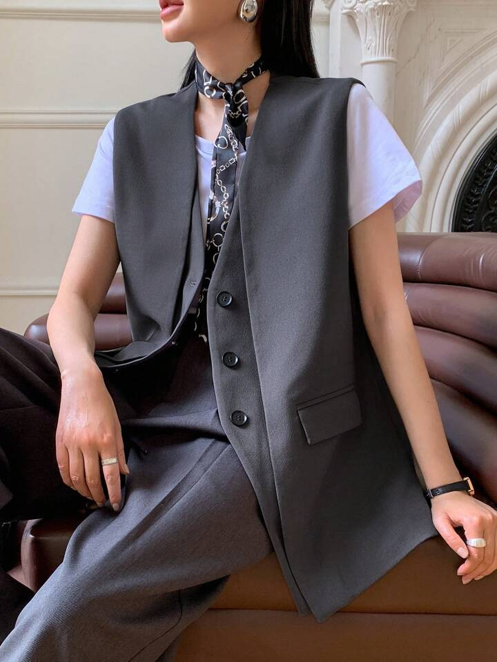 DAZY Women's Front Button Pocket Casual Sleeveless 2 In 1 Vest Blazer | SHEIN