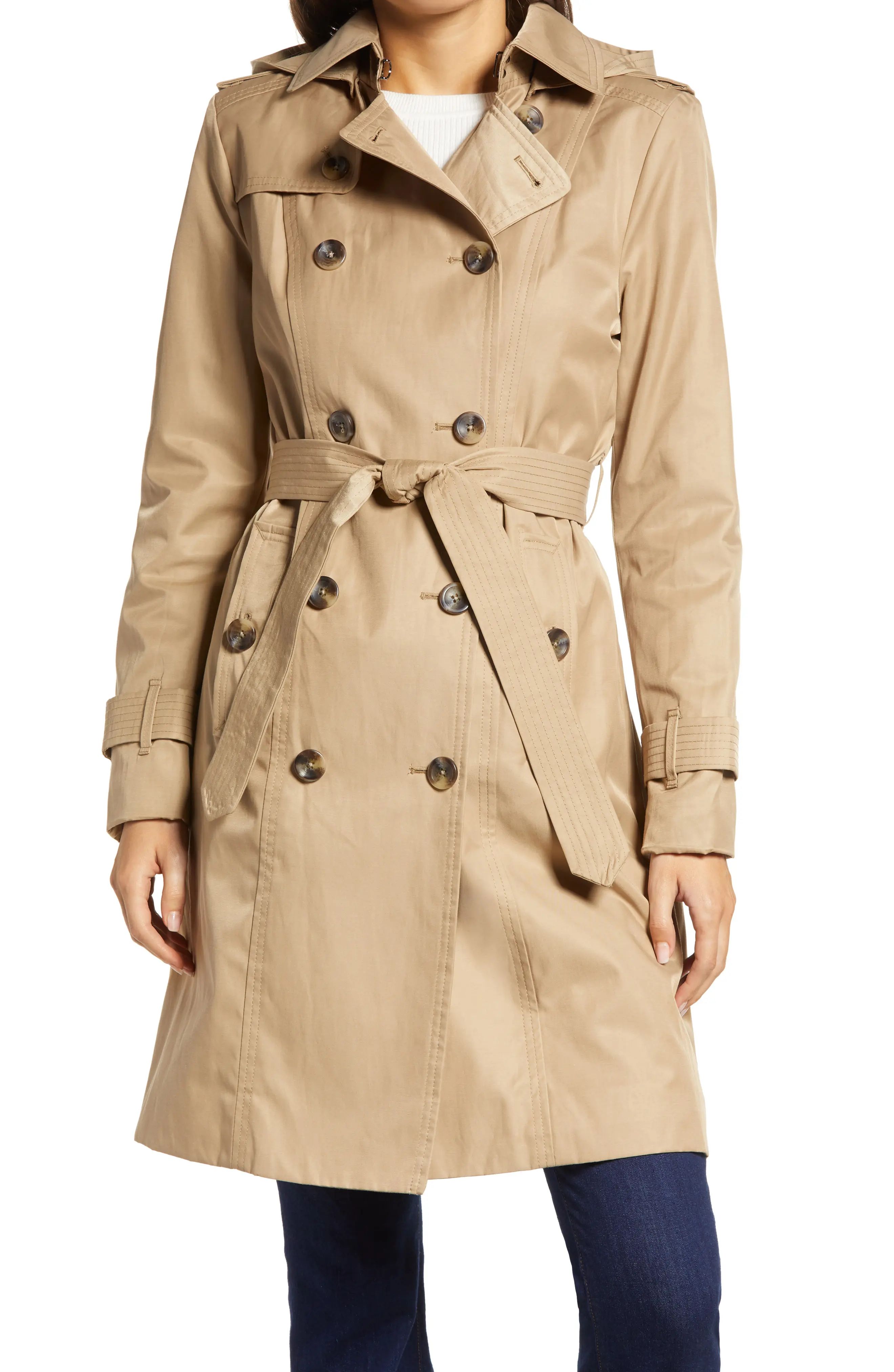 Women's London Fog Double Breasted Trench Coat With Removable Hood, Size X-Large - Beige | Nordstrom