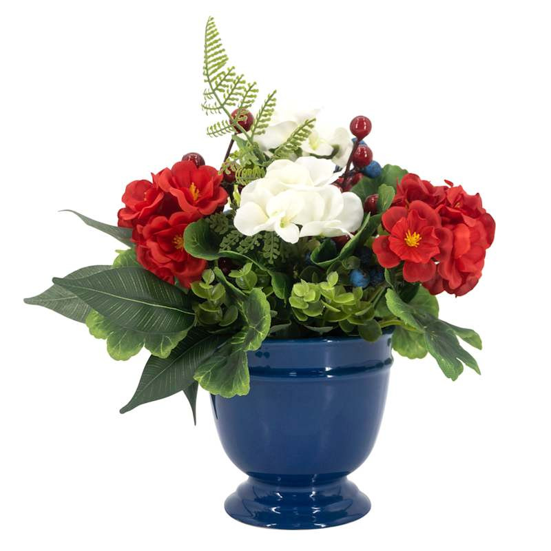 White Hydrangea Arrangement in Blue Pot, 11.5" | At Home