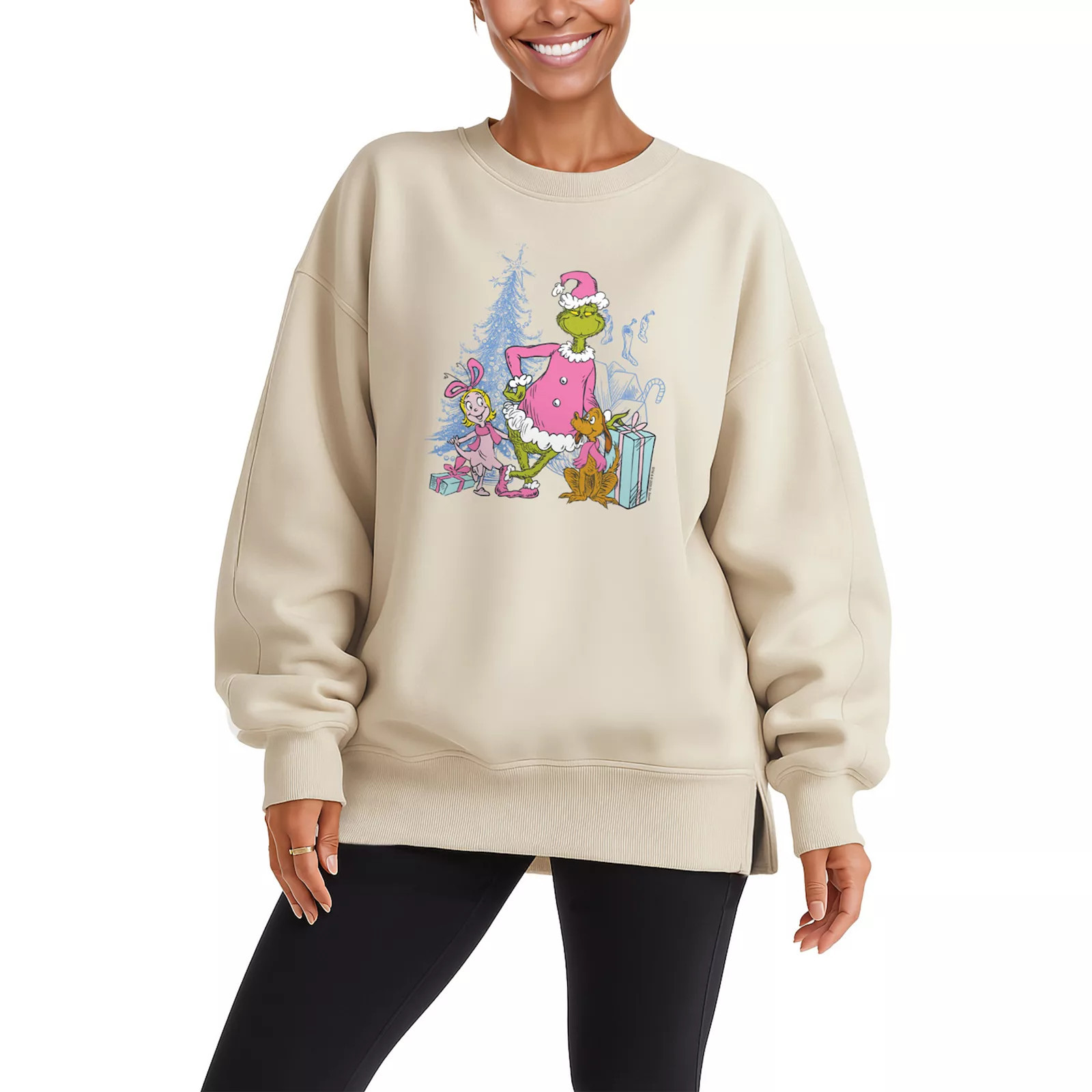 Women's Dr. Seuss The Grinch, Max, & Cindy Lou Who Graphic Oversized Fleece Crew Sweatshirt, Size: Small, Ivory | Kohl's