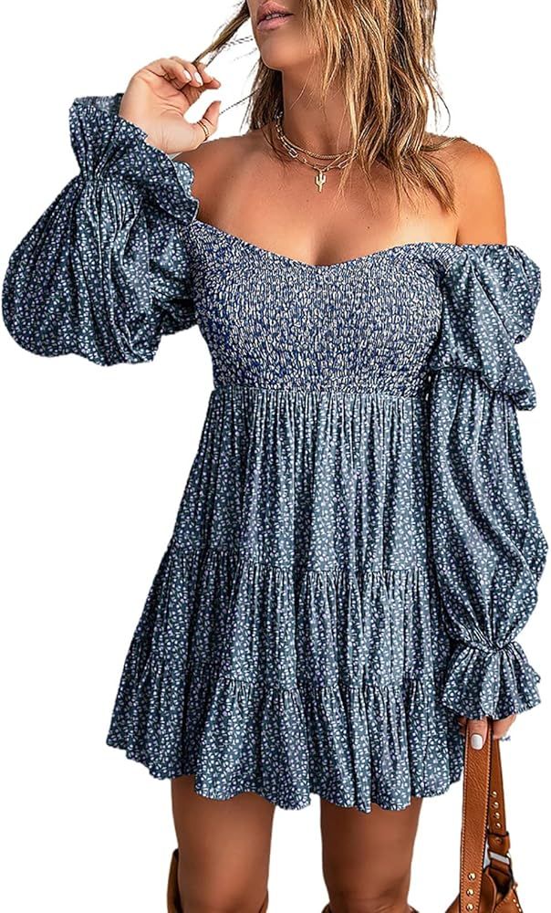 EVALESS Summer Dresses for Women 2022 Long Ruffle Sleeve V Neck Off Shoulder Elastic Waist Short ... | Amazon (US)