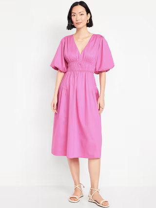 Waist-Defined Puff-Sleeve Midi Dress | Old Navy (US)