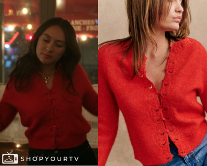 Belly Conklin wearing a red button down sweater on The Summer I Turned Pretty Season 3 Episode 10 

more at shopyourtv.com 

 