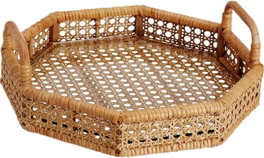 WAYUTO Rattan Serving Tray with Handles Natural Handwoven Bread Basket with Cutout Wicker Handcra... | Amazon (US)