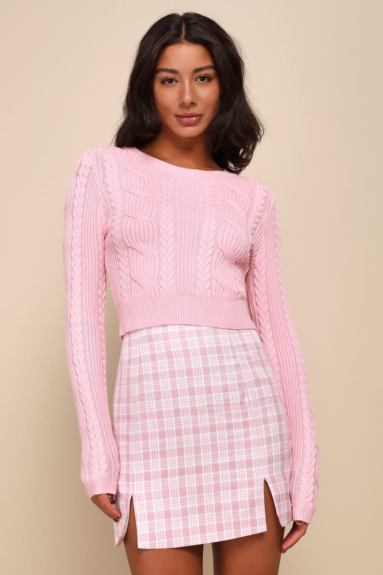 Cuddly Contentment Light Pink Cable Knit Cropped Sweater | Lulus