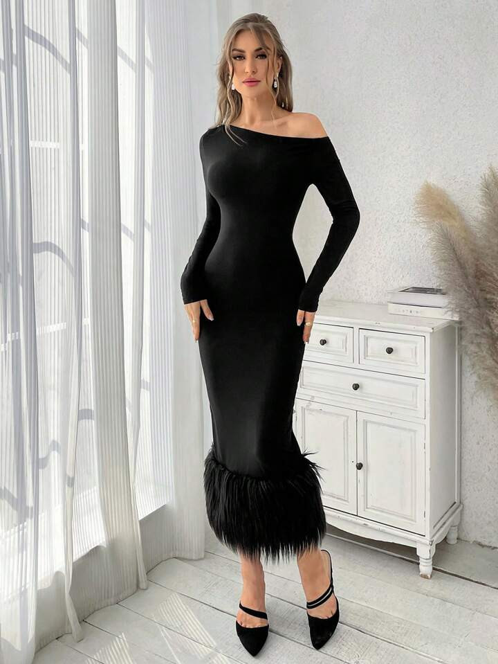 SHEIN Privé Asymmetrical Collar Feather Patchwork Dress | SHEIN