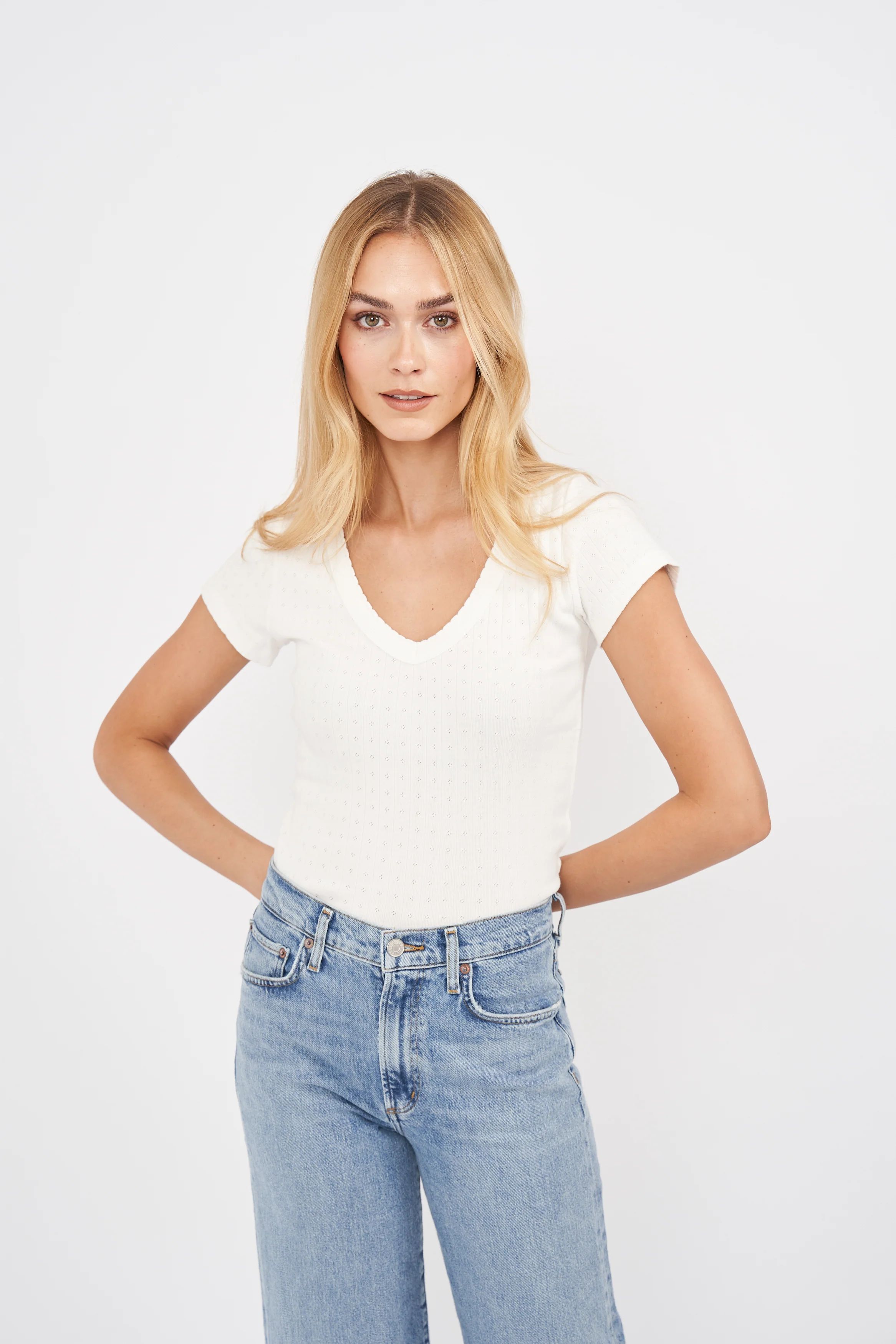 Pointelle V-Neck Tee - White | Marea