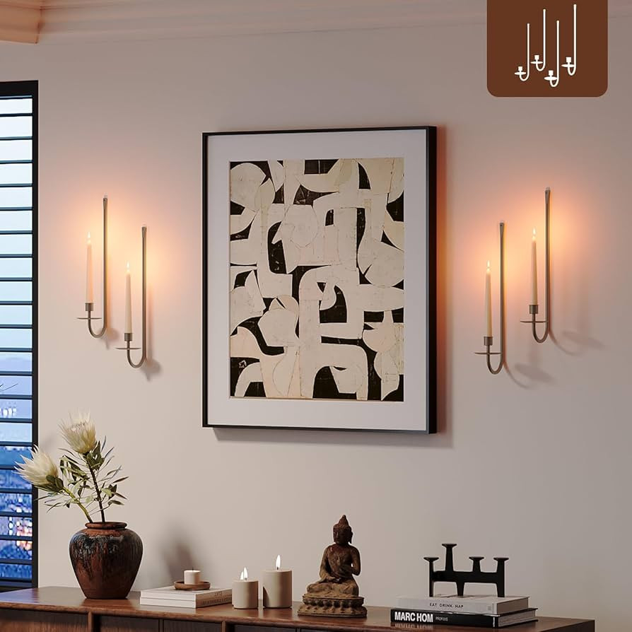 Metal Wall Candle Sconce Holder Set of 4 Wall Mount Candle Holder Pillar Holder Brass Modern Wall... | Amazon (US)