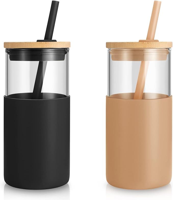 tronco 16 oz Glass Tumbler with Straw and Bamboo Lid, Iced Coffee Cup Reusable, Smoothie Cups, Tu... | Amazon (US)