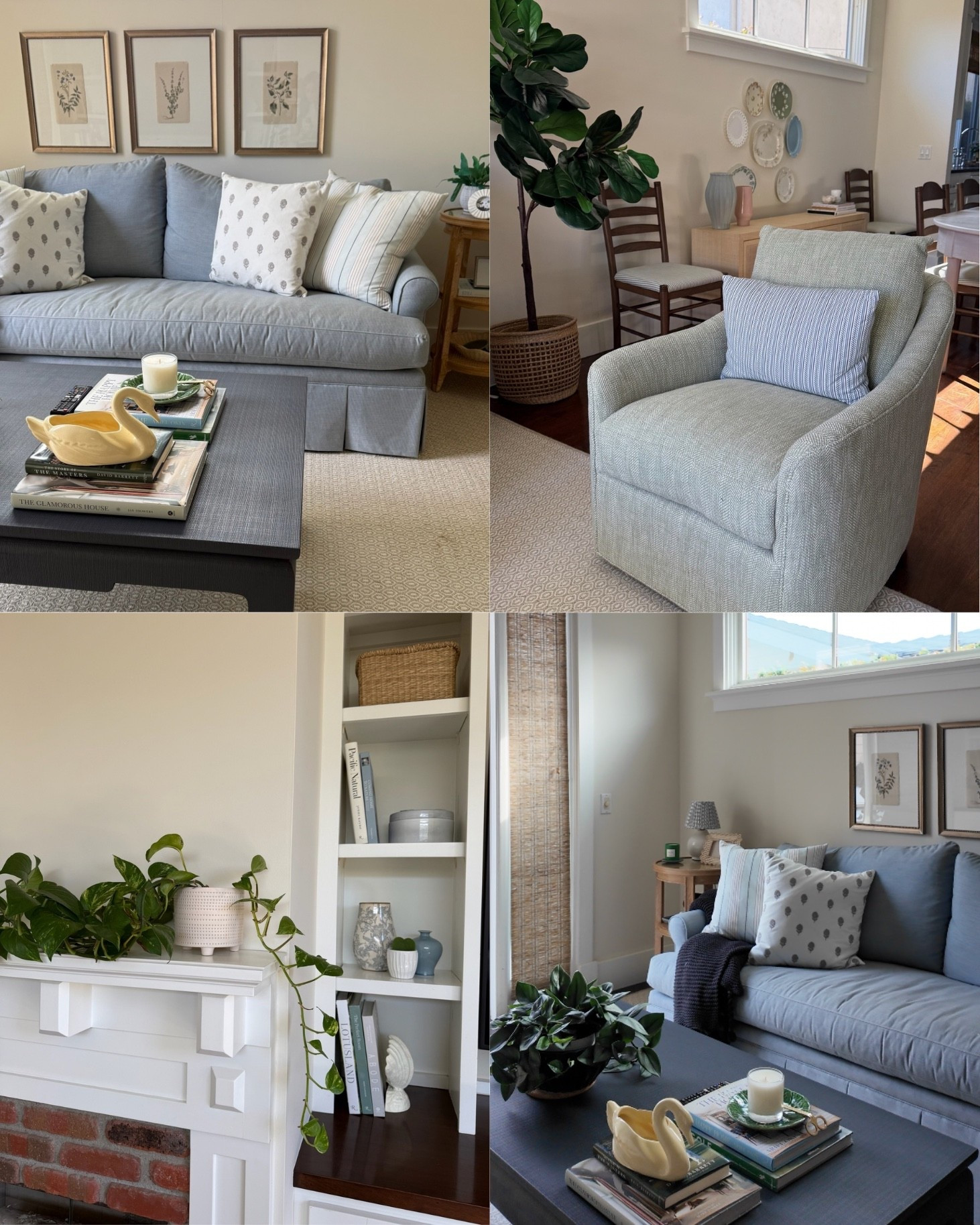 The living room:
Check out the full home makeover process on my YouTube channel!

home decor, living room makeover, coastal cottage aesthetic, coastal home decor, cottage style, coastal living room, neutral home decor, cozy living room, classic home decor, timeless interiors, relaxed coastal style, light and airy interiors, blue and green decor, blue and green living room, comfortable living room, traditional home decor, cottage living room, family room decor, coastal cottage, elegant home decor, layered neutrals, natural textures, classic coastal decor, living room inspiration, interior design inspiration, interior designer, green swivel chair, green accent chair, swivel chair, accent chair, blue couch, blue sofa, blue pleated couch,  blue pleated sofa, blue slipcover couch, blue slipcover sofa, slipcovered sofa, linen sofa, skirted sofa, coastal blue sofa, upholstered armchair, slipcovered armchair, coastal accent chair, wood coffee table, navy blue coffee table, dark blue coffee table, woven table lamp, decorative throw pillows, gallery wall, white fireplace mantel, brick fireplace, built-in shelving, open shelving decor, ceramic vases, coastal coffee table styling, decorative coffee table books

#LTKvlog #LTKHome #LTKdayinmylife