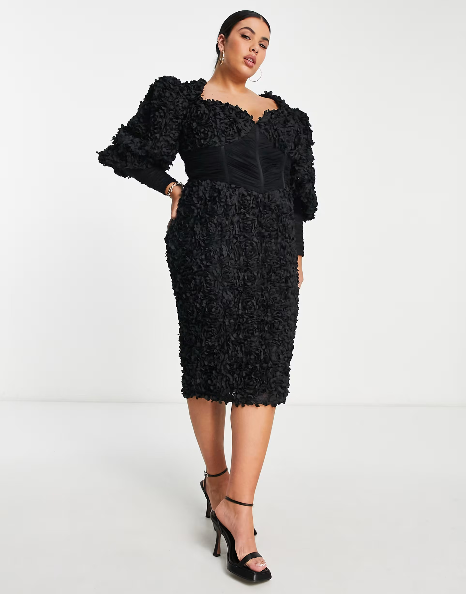 ASOS LUXE Curve 3D floral sweetheart neck corsetted midi dress in black | ASOS (Global)