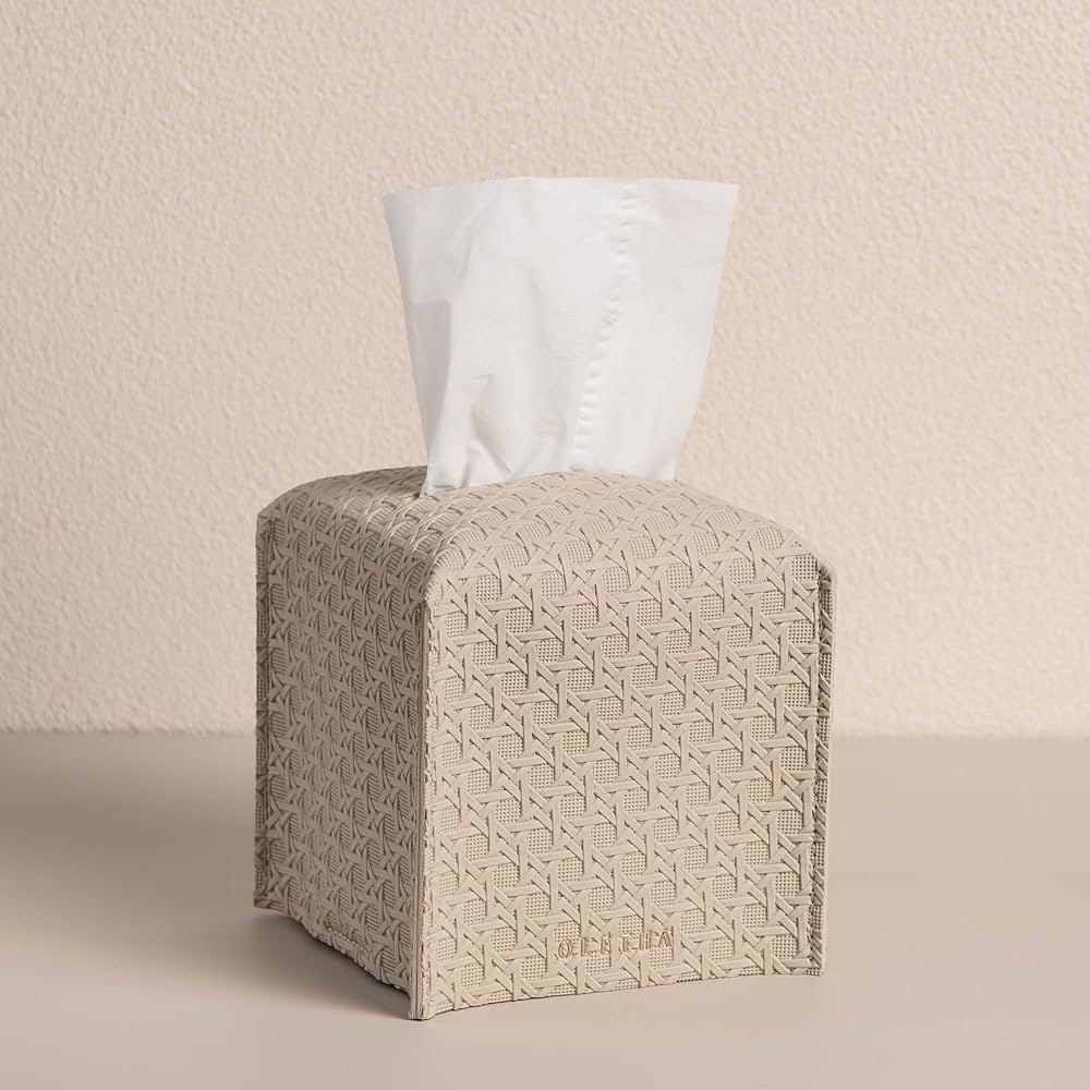 Aesthetic Square Tissue Box Cover, Tissues Cube Box Holder, Lattice Patterns, Light Taupe | Amazon (US)