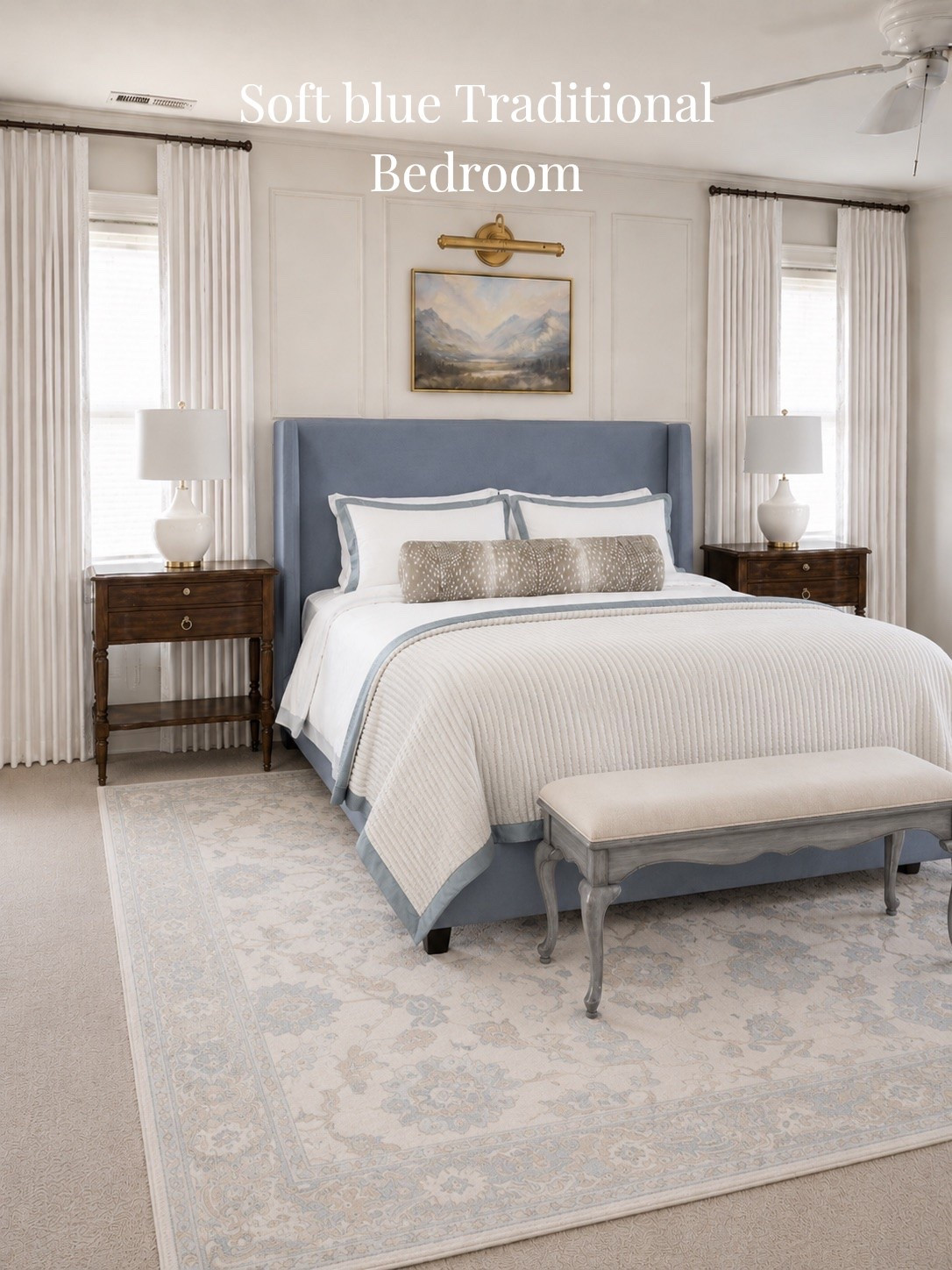 I created another variation of a soft blue traditional bedroom. If you have white walls, adding moulding and mid-tones help to temper the brightness white walls can sometimes create, especially when high-contrast elements are already present (like dark wood furniture). Adding more light sources also helps (think lamps and sconces). 

All linked below with a few alternative options! 

#wayfair #amazon #traditionalstyle #whiteandbluebedroom

#LTKHome