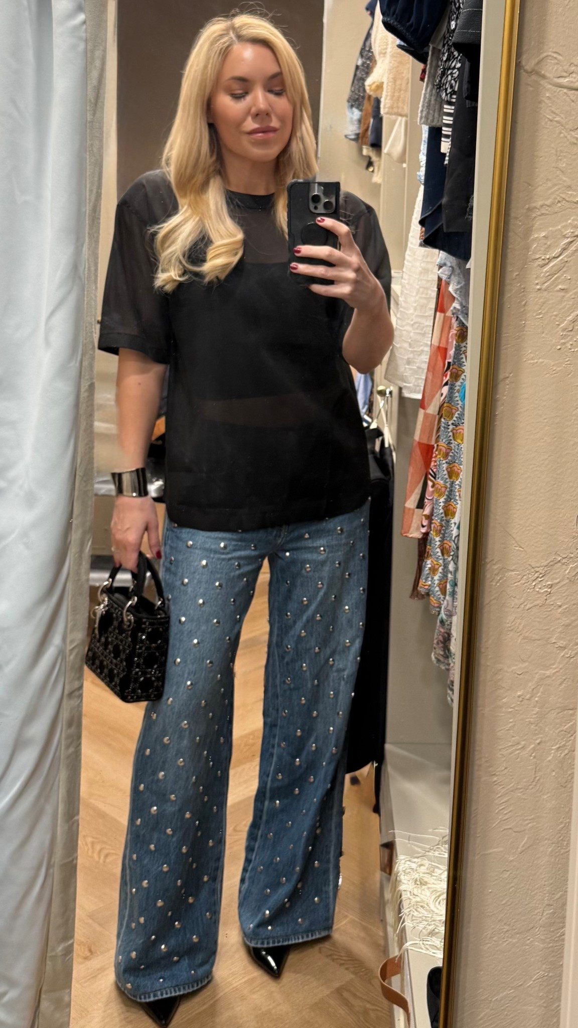 Sheer top
Jeans 
Studded jeans 


#LTKNYFW #LTKootd #LTKdayinmylife