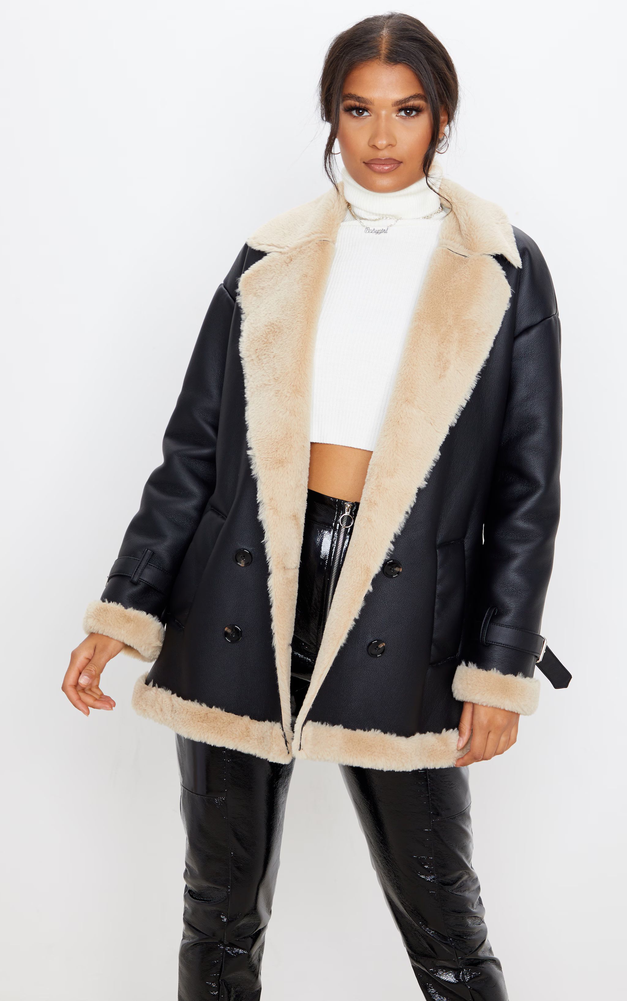Black PU Faux Fur Trim Vintage Style Coat | PrettyLittleThing US