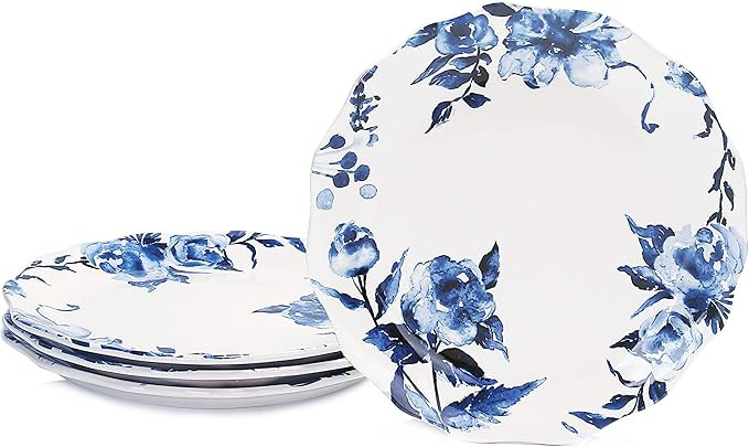Bico Watercolor Blue Flower Scalloped Dinner Plates, Ceramic, 11 inch, Set of 4, for Pasta, Salad... | Amazon (US)