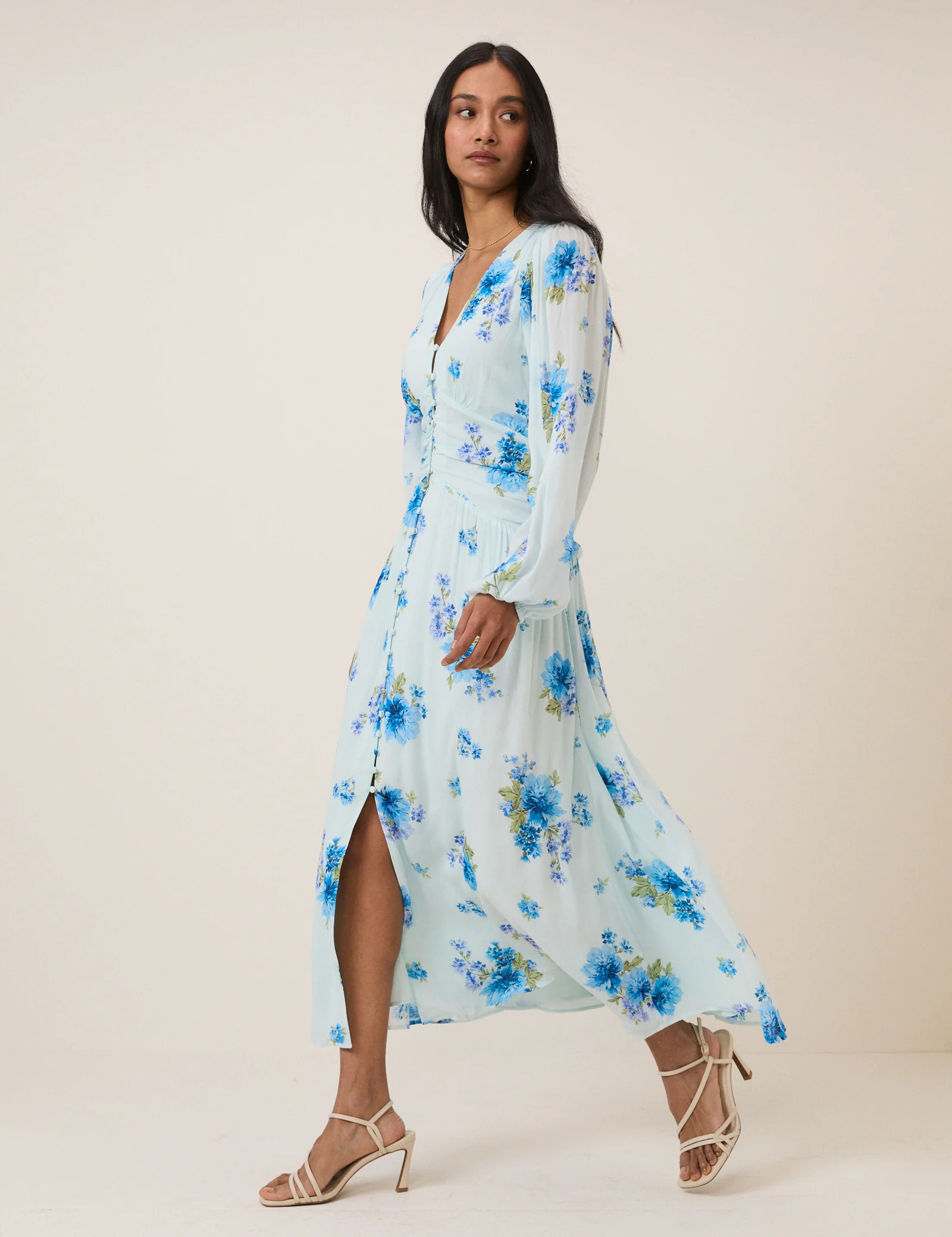 Blue Floral Long Sleeve Luna Midi Dress | Nobody's Child