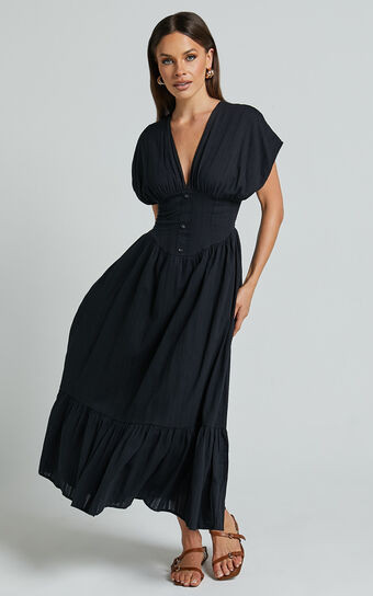 Allegra Midi Dress - Deep V Neck A Line Dress in Black | Showpo (ANZ)