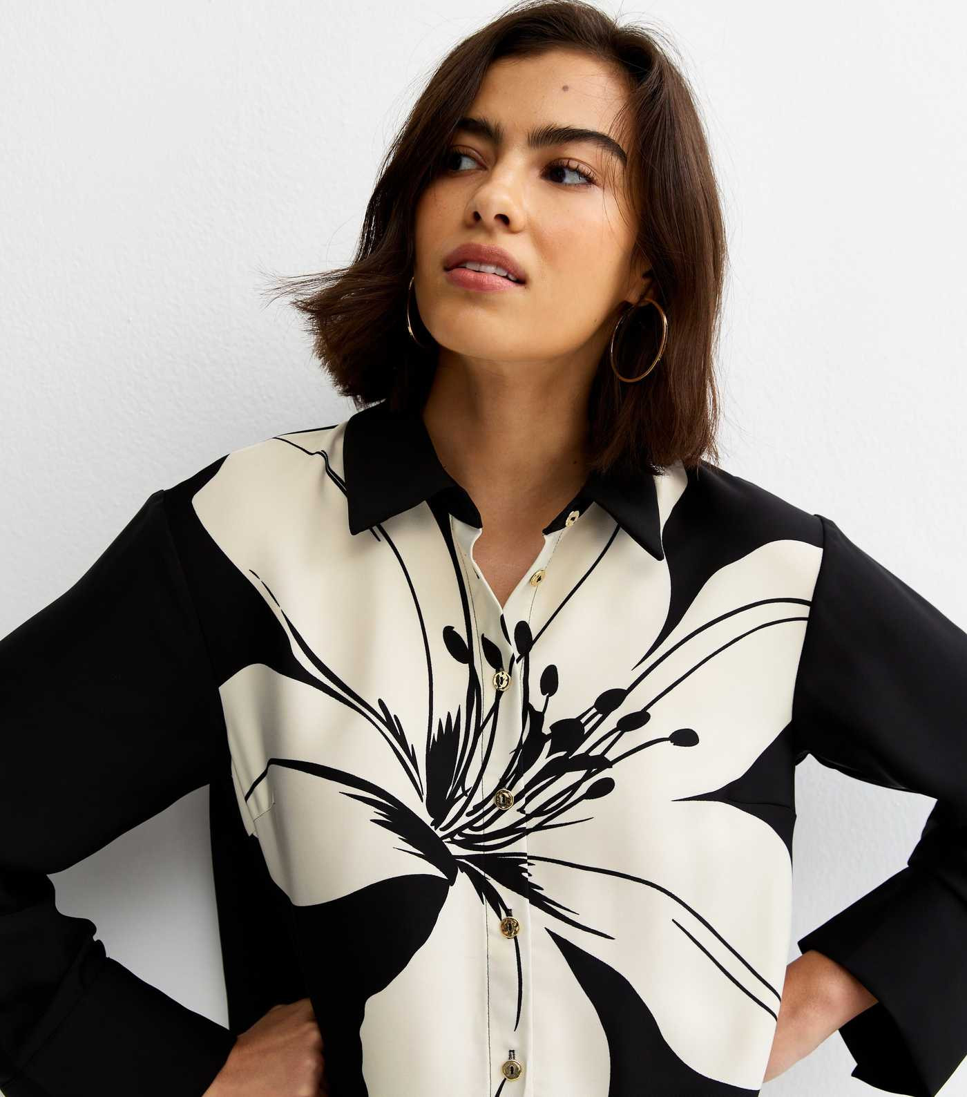 Black Soft Touch Large Lily Print Long Sleeve Shirt | New Look | New Look (UK)