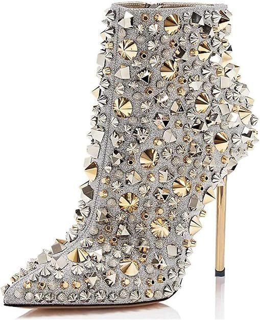 FSJ Women Fashion High Heel Ankle Boots with Rivets Closed Pointed Toe Stilettos Zipper Warm Shoe... | Amazon (US)