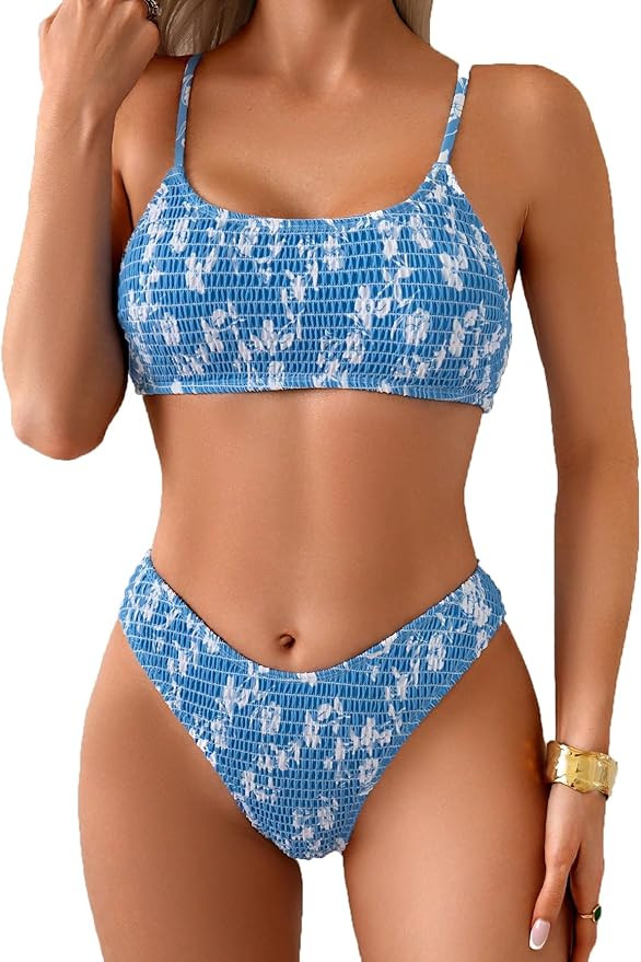Fanuerg Women's Shirred Bikini Sets Scoop Neck Cheeky Two Piece Swimsuit Floral Print Bathing Sui... | Amazon (US)