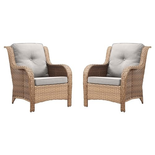 Rilyson Patio Furniture Chairs Outdoor Chair - 2 Piece Wicker Rattan Chairs Set with High Back and Deep Seating for Deck Porch Balcony Backyard Garden(Yellow/Beige) | Amazon (US)