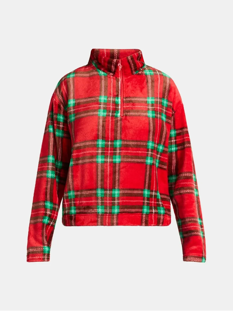 No Boundaries 1/4 Zip Mock Neck Plush Top with Long Sleeves, Women's | Walmart (US)