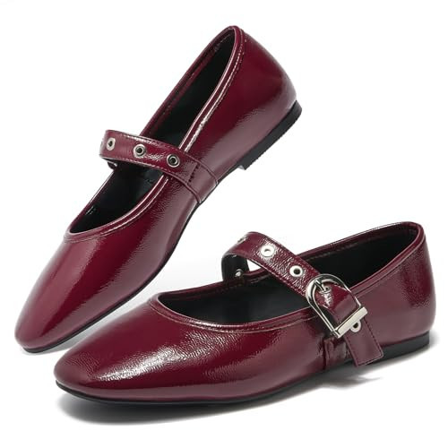 CouieCuies Women's Mary Jane Flats Round Toe Ballet Flat with Buckle Maryjane Burgundy Flats for Women Comfort Dressy Shoes Strap Bridal 8 | Amazon (US)