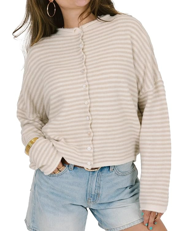 Womens Striped Cardigan Sweater Open Front Button Down Cropped Cardi Casual Funnel Neck Cable Kni... | Amazon (US)