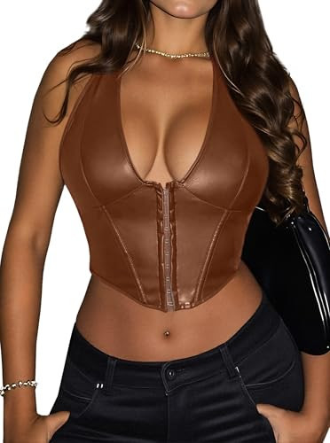 Benfoly Women's Y2K Leather Halter Top Backless Corset Bustier Top Lace Up Sexy Going Out Crop Tank Halter Neck Party Club Dark Brown | Amazon (US)