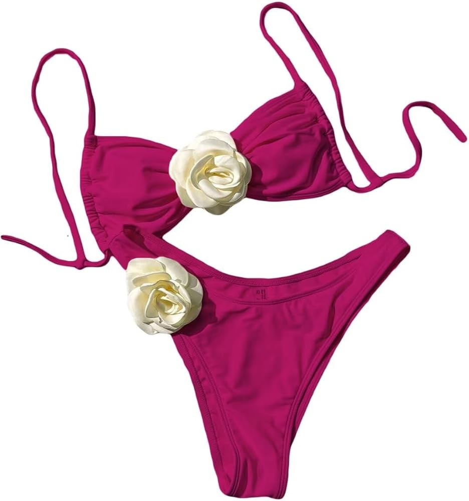 Women's Floral Appliques Cute Bathing Suit High Waisted Colorblock Tie Back Swimsuit Bikini Set | Amazon (US)
