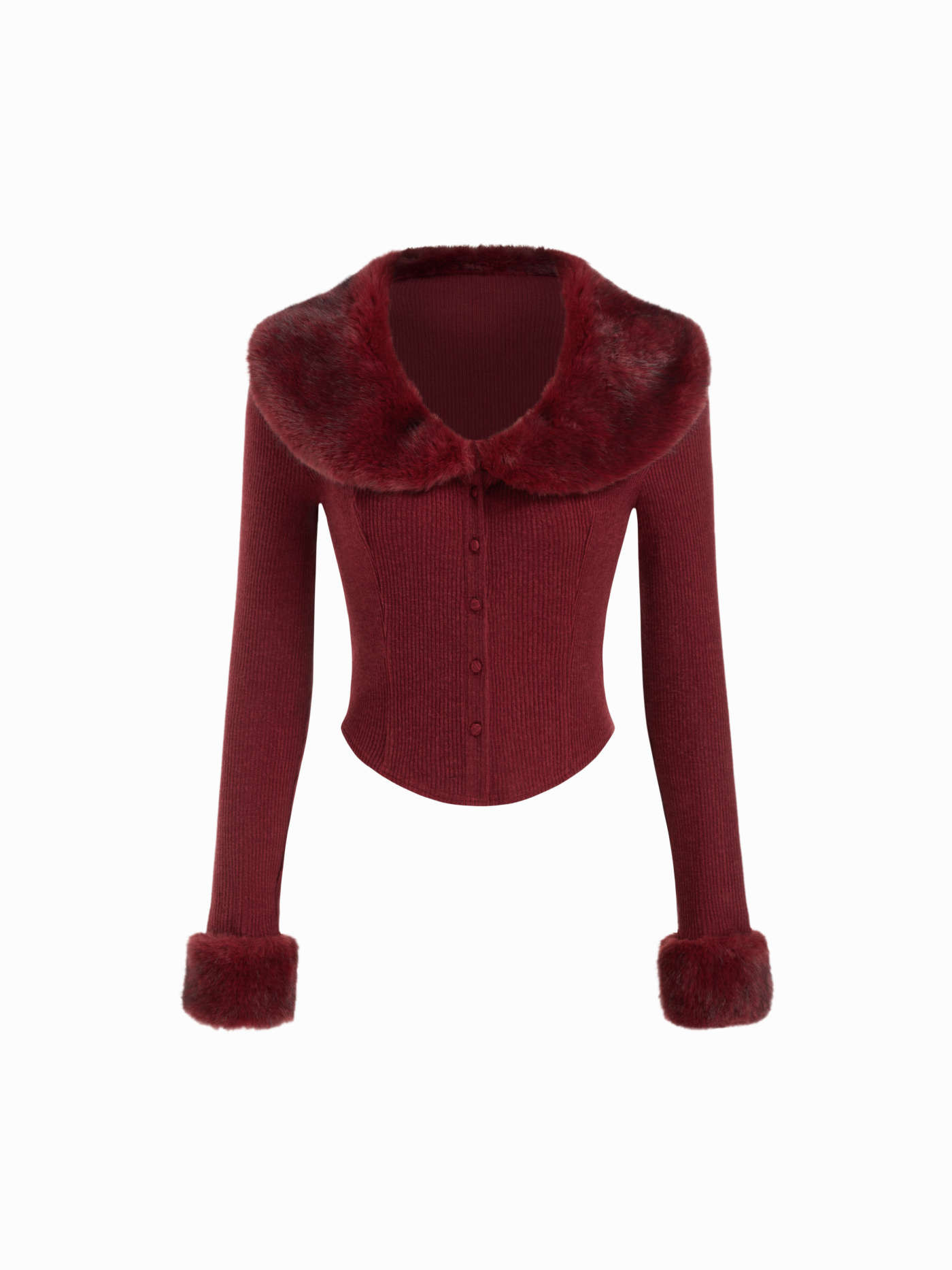 Faux Fur Collar Long Sleeve Rib Curved Hem Button Top | Cider