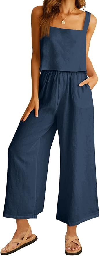 AUTOMET Women 2 Piece Outfits Lounge Matching Sets Linen Crop Top Wide Leg Pants Tracksuits with ... | Amazon (US)