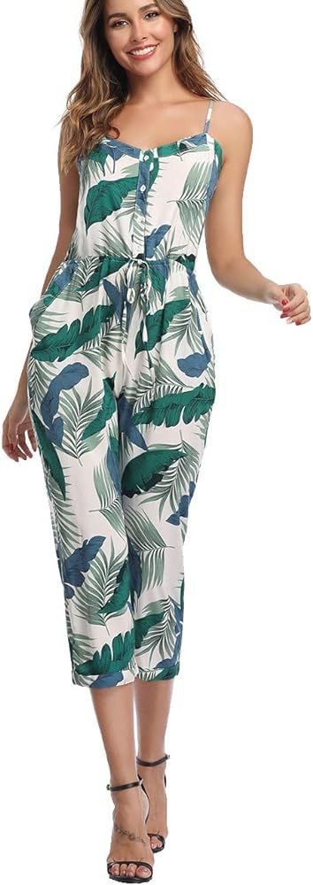 Women's Leaf Print Jumpsuits Off The Shoulder V Neck Button Hawaiian Rompers | Amazon (US)