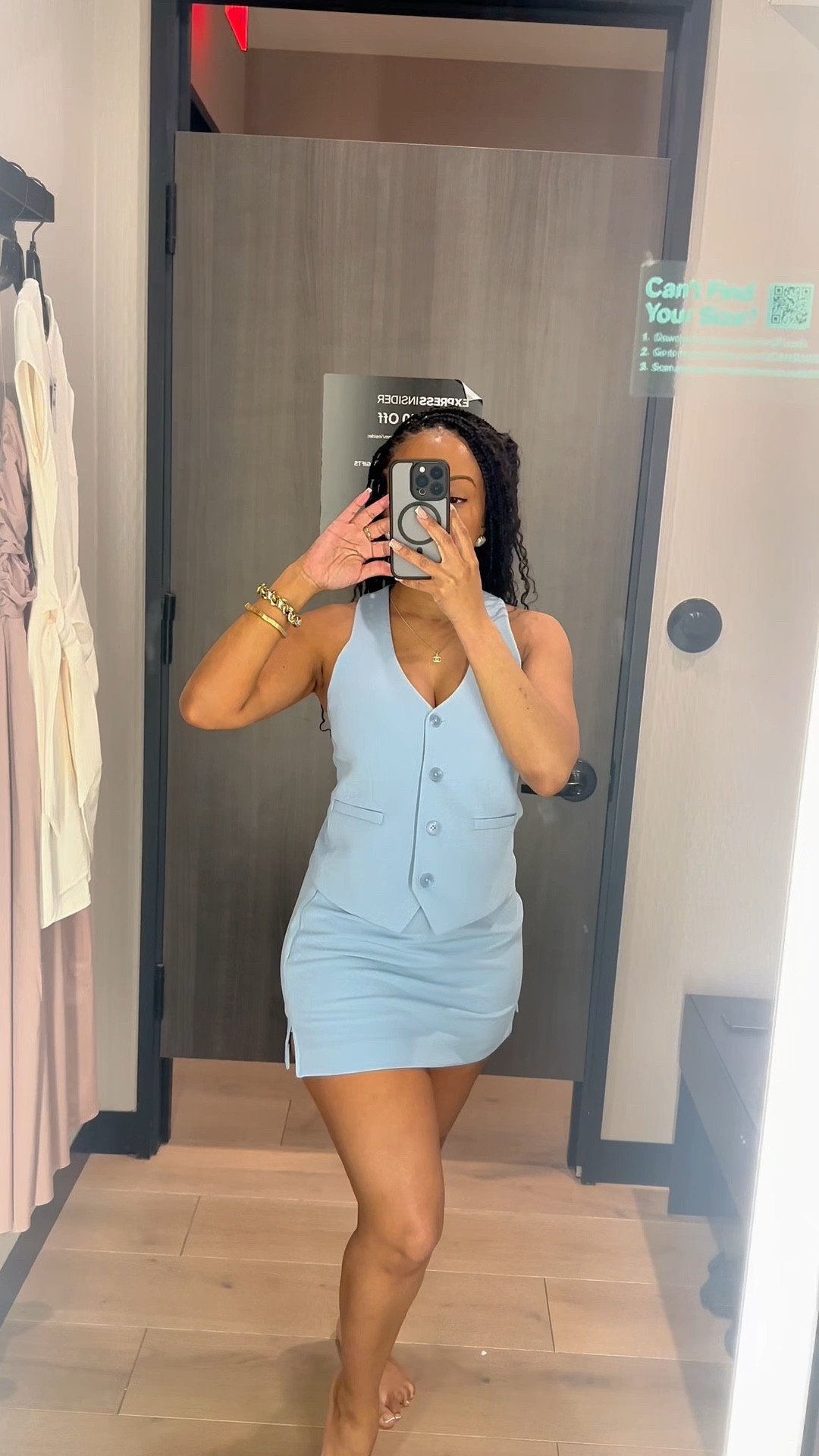 @express intro to spring items. 
📌 blue set- size xs
📌baby blue vest xs; skirt size 4
📌dress size small