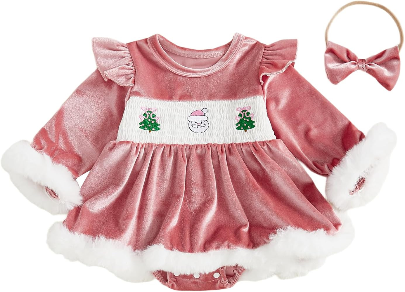Baby Girl Christmas Outfit Santa Claus Romper Dress Red Velvet Long Sleeve Princess Tulle Dress C... | Amazon (US)