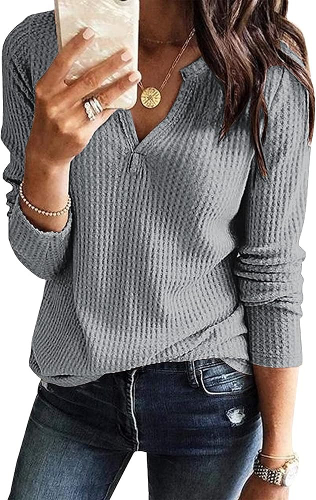 WNEEDU Womens Tunics Waffle Knit Sweaters V-Neck Henley Shirts Short Sleeve T Shirt | Amazon (US)