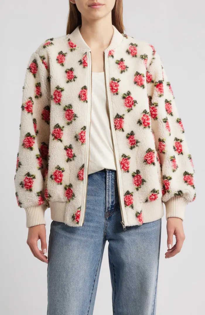 Floral Zip Front High Pile Fleece Bomber Jacket | Nordstrom