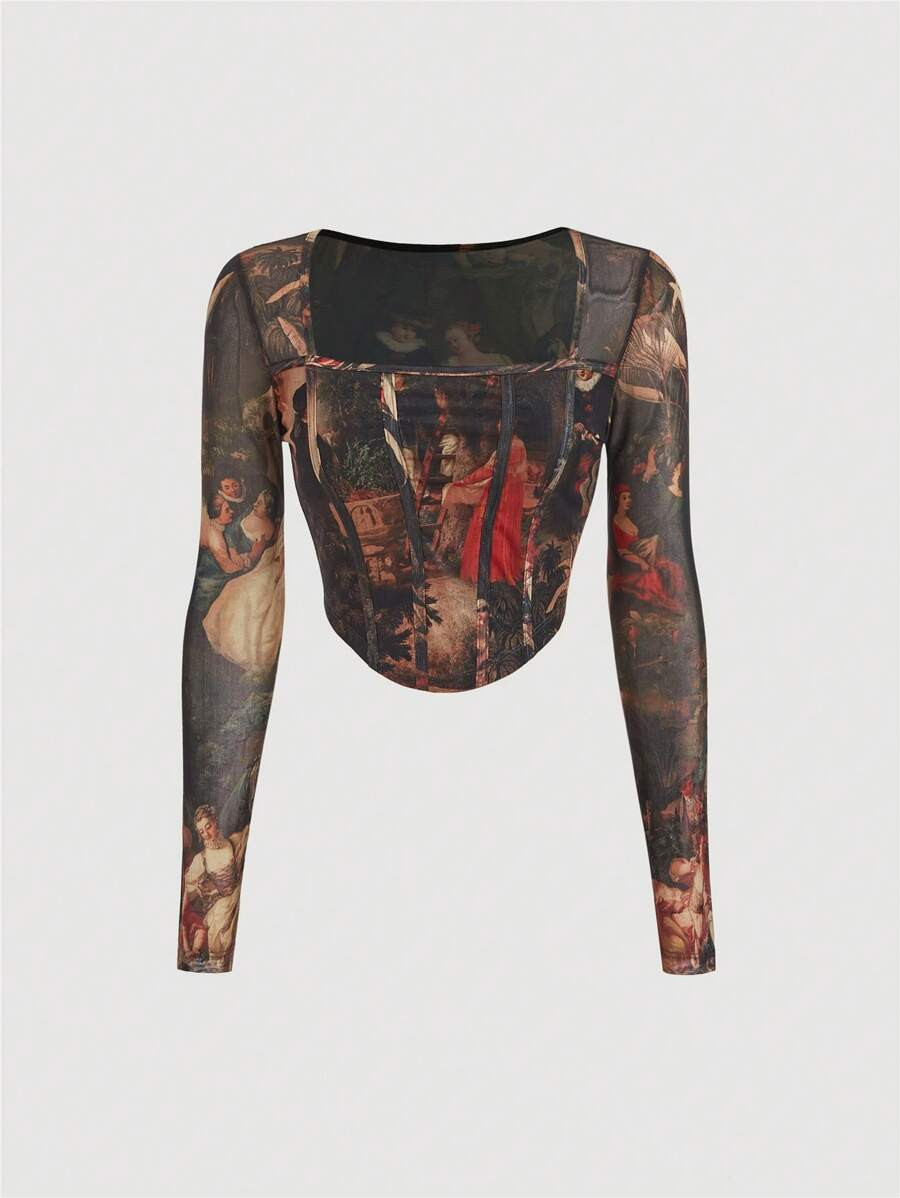 SHEIN MOD Square Neck Long Sleeve Retro Figure Print Mesh T-Shirt,Fitted T Shirt,Long Sleeves Wom... | SHEIN