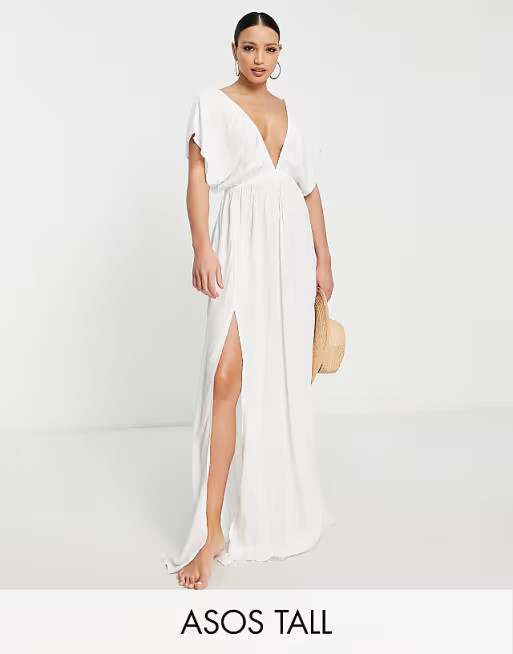 ASOS DESIGN Tall flutter sleeve maxi beach dress in white | ASOS (Global)