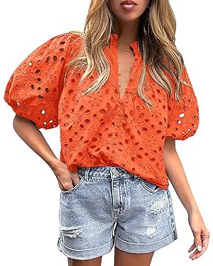 PRETTYGARDEN Women's Summer Tops Dressy Casual Short Lantern Sleeve V Neck Buttons Hollow Out Lac... | Amazon (US)