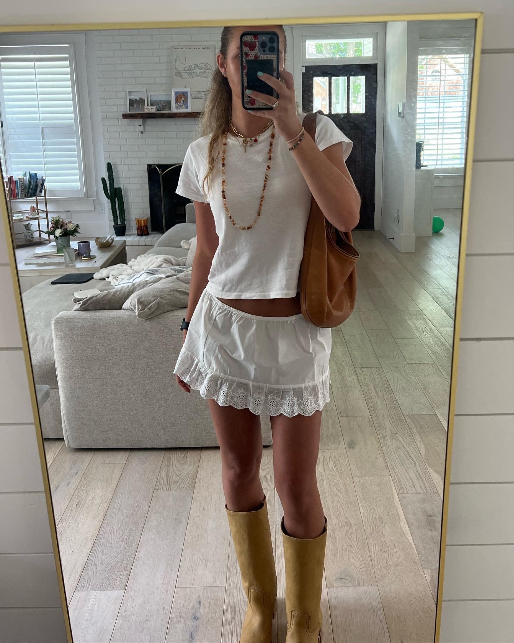out to dinner summer outfit 🍷 white skirt and top with my favorite boots