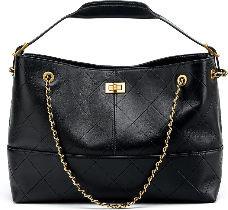 Soft Genuine Leather Lambskin Suede Quilted Bag,Carryall Top Handle Gold Chain Shoulder Shopping ... | Amazon (US)
