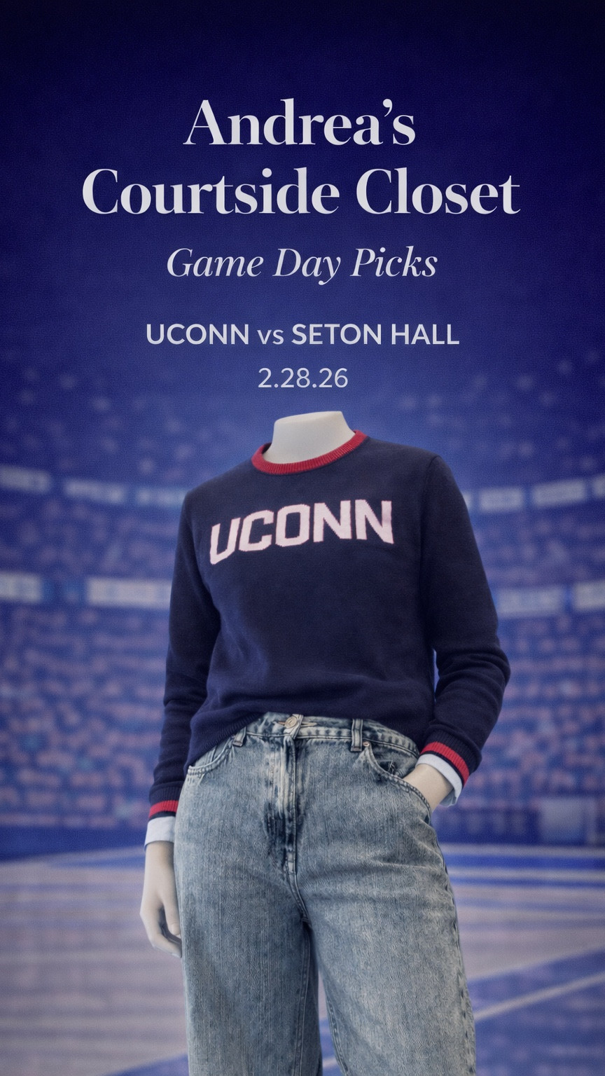 Last home game OOTG 💙🏀
Senior Day always hits a little deeper. So proud, so grateful, and definitely emotional.

Sweater // Uscape Huskies Renew Sweater 
Link: https://uconn.spirit.bncollege.com/uconn-huskies-mens-uscape-navy-university-of-connecticut-renew-sweater/t-13149214+p-347790592292208+z-9-866015689

Jeans // Zara Relaxed Balloon Jean 
Link: https://www.zara.com/us/en/relaxed-balloon-mid-rise-jeans-zw-collection-p06840044.html

Shoes // Prada Suede Sneakers 

As always, every dollar earned supports Connecticut Children’s Medical Center ❤️

#LTK #SeniorDay #GameDayStyle #Huskies #LTKdayinmylife #LTKootd #OOTG #uconnhuskies #prada #zara
