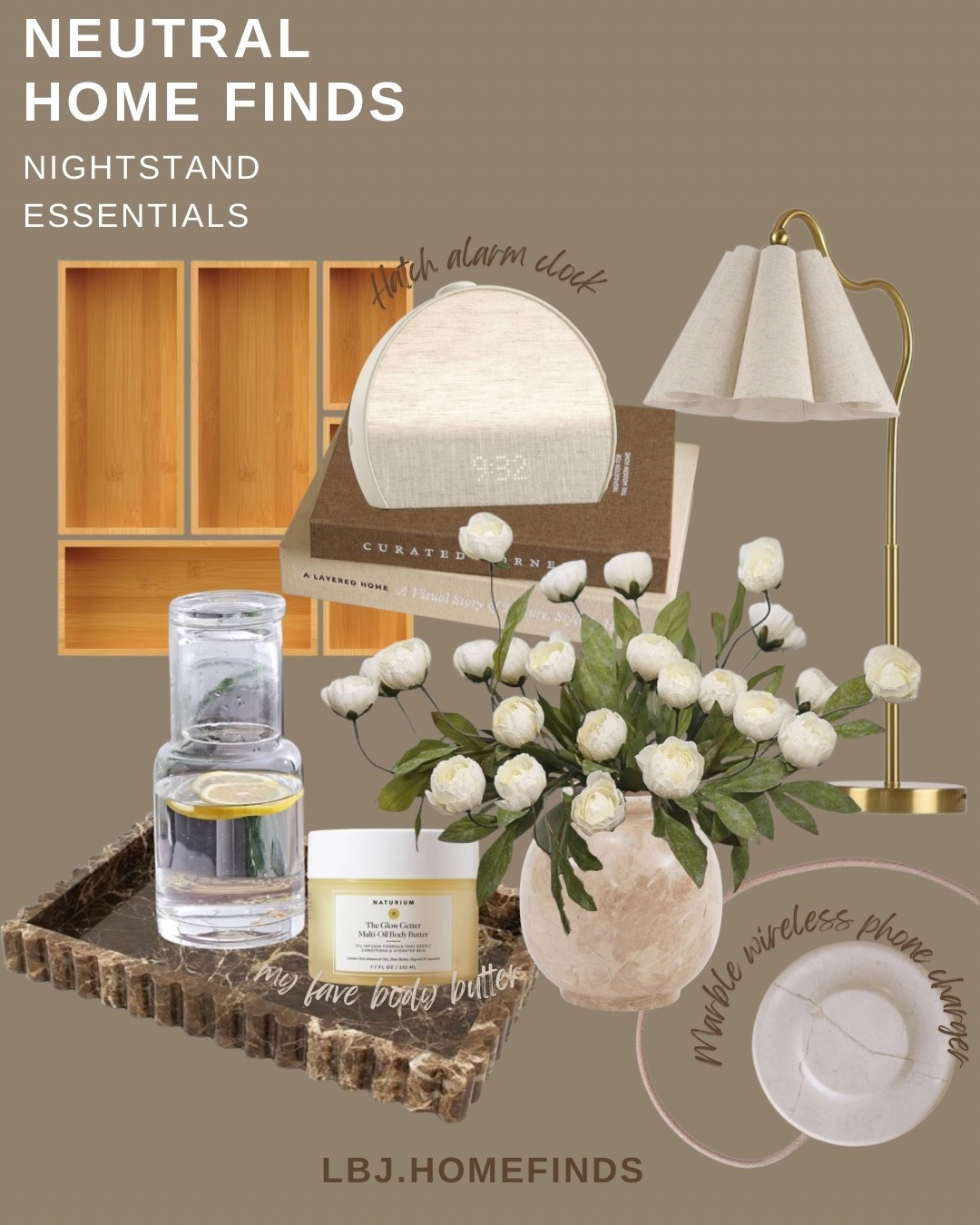 Neutral Nightstand Essentials for a Cozy Bedroom 🤎

Creating a luxury-looking bedroom doesn’t mean you have to spend a fortune on decor.

I spend hours searching for the best budget-friendly home finds so you don’t have to. These neutral nightstand essentials instantly elevate your bedroom while keeping everything affordable and practical.

Featured finds include:
• a modern arched alarm clock
• neutral table lamp with pleated shade
• marble wireless phone charger
• decorative marble tray
• cozy body butter
• neutral floral arrangement for soft styling

These pieces help create a minimal, calm, neutral bedroom aesthetic that feels elevated but still budget-friendly.

If you love luxury for less home finds, this is one you’ll want to save.

👉 Shop my LTK to find all of these budget-friendly nightstand essentials.

#LTKHome
#BedroomDecor
#NeutralHome
#BudgetHomeFinds
#LuxuryForLess