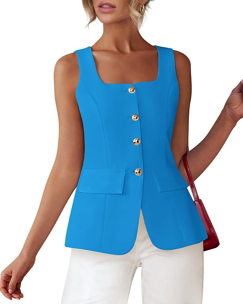 BTFBM Womens Sleeveless Suit Vests Dressy Casual Square Neck Business Work Waistcoat Summer Butto... | Amazon (US)